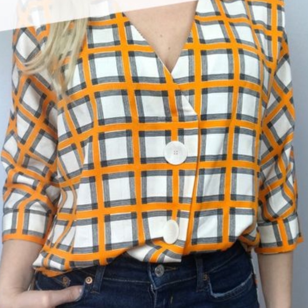 Zara Orange, Navy, and Cream hi-lo Blouse Sz M